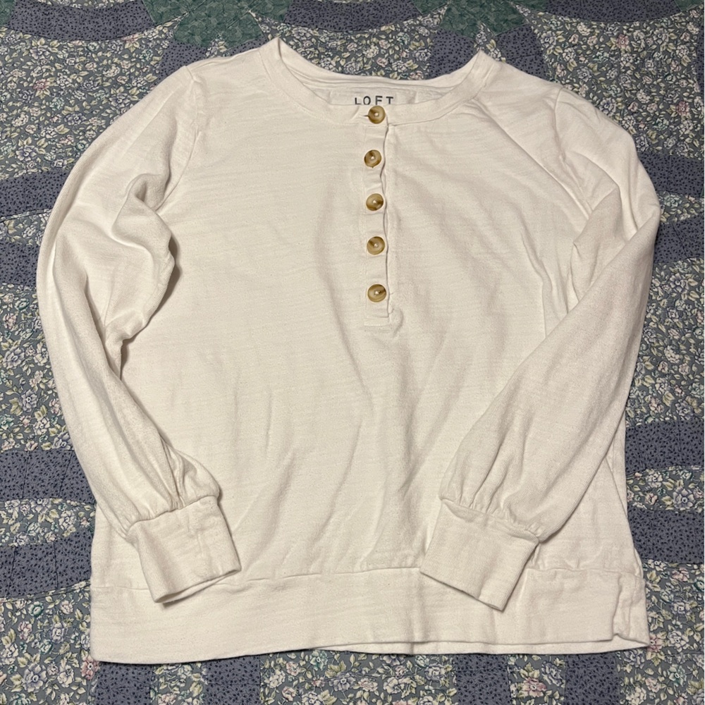 LOFT White Henley with Brown Buttons